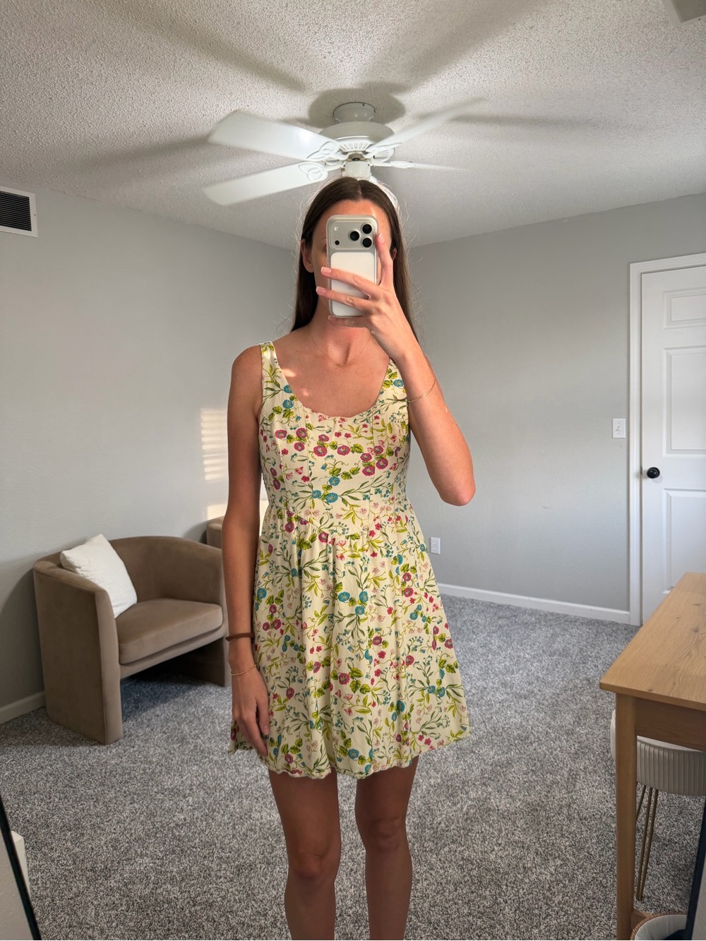 Floral Scoop Neck Mini Dress in Cream